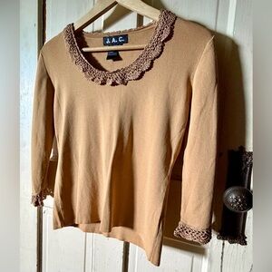Quiet Luxury Knit Top Camel Crochet Trim Minimalist Feminine